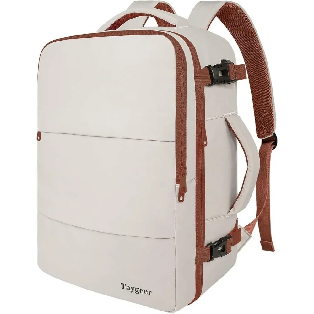 Travel Khaki White Backpack for Women Carry On Laptop Bag USB Port TSA Pouch